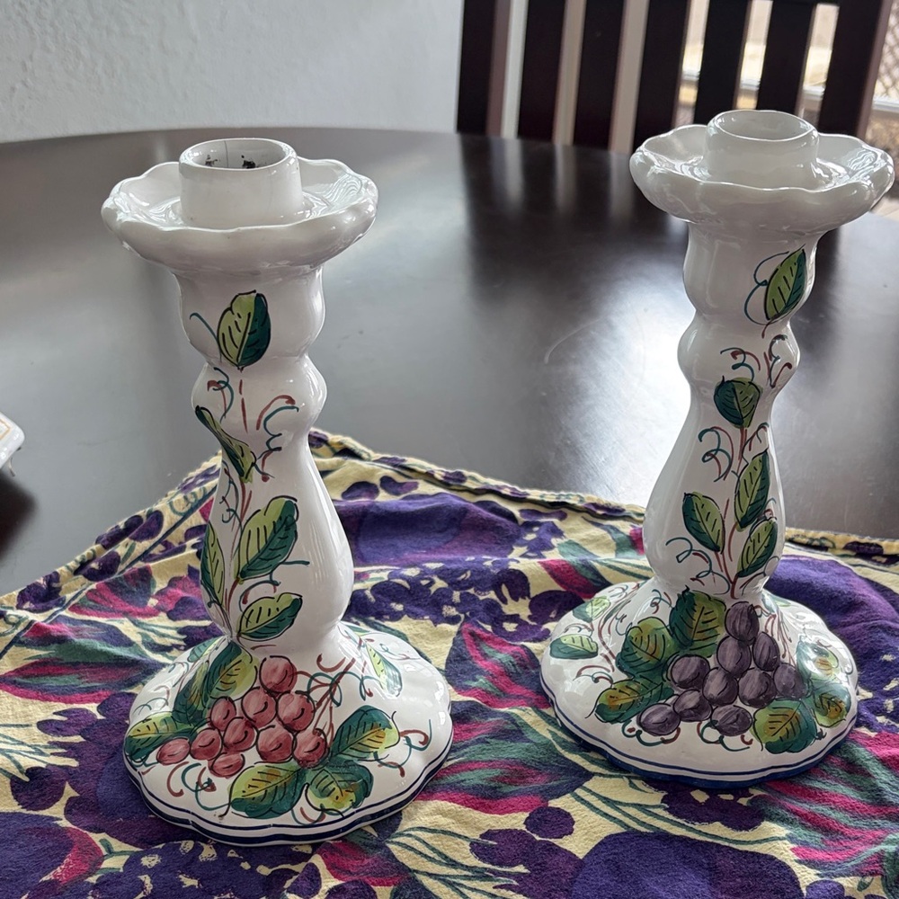 Vintage Italian Hand-Painted White Ceramic Candlestick Pair with Grape Motif